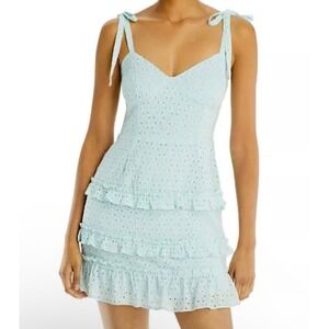 Lost + Wander Blissful Blues Mini Dress Eyelet Ruffle Tie Strap‎ Smocked Blue
